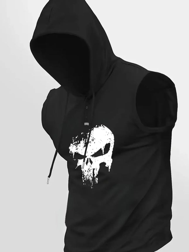 Men Skull Print Sleeveless Hoodie Gym Workout Tank Top Casual Streetwear Loose Fit Vest