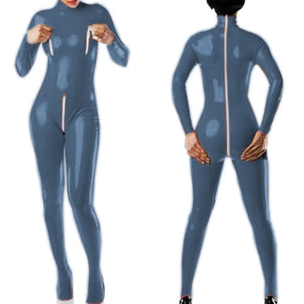 Sexy Faux Leather Jumpsuits for Women High Collar Zipper Open Crotch Open Chest Wet Look Bodysuits Nightclub Clothing Custom