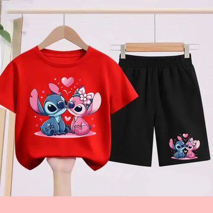 Kids Disney Stitch Print Summer Cute Breathable Tees + Shorts 2pcs 3-12 Years Boy Girls Round-neck Set Children Leisure Clothing
