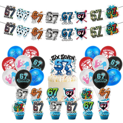 I WAS 6 NOW IM 7 Number 67 Themed Birthday Party Decoration Banner Balloon Cake Toppers＆ Make A Face DIY Stickers Creative Gift