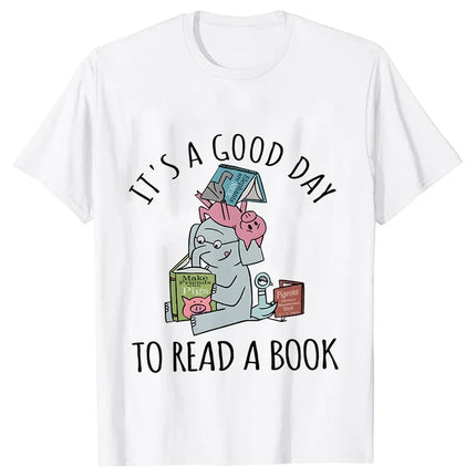 Its A Good Day To Read  T-shirts Women Book Lover Teacher Tshirts Elephant Cartoon Women's Clothing Vintage Women T-Shirts Tops