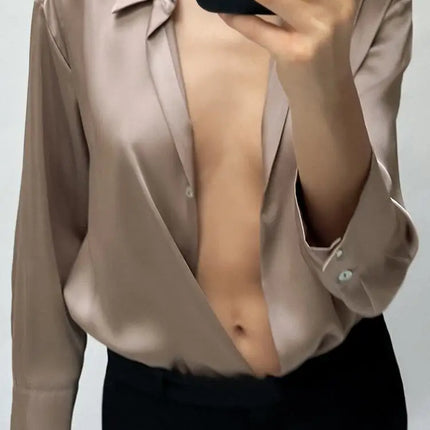 Classic Silk Satin Feel Shirt New Spring Collection Long Sleeve Polyester Fabric Women's Premium Fashion Regular Length