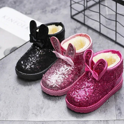 Girls Snow Boots Bunny Ear Bowtie Sequins Cute Winter Warm Ankle Boots Princess Toddler Non-slip Fashion Kids Boot Glitter Bling