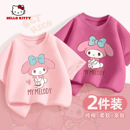(2 Pieces Per Pack) Sanrio Summer Baby Girls 100% Cotton Clothes Kid Children Girl Hello Kitty Printed T-shirts Short Sleeve Top