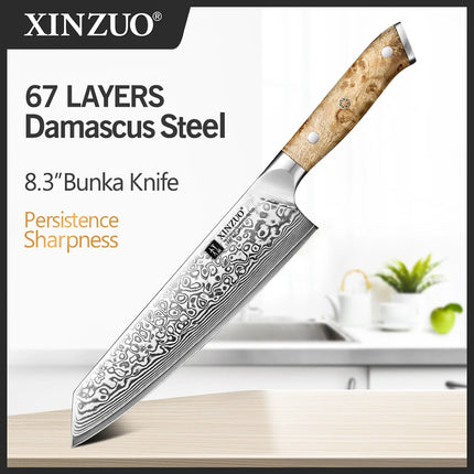 XINZUO Bunka Knife 8.3 Inches 67 Layers Damascus Steel Handcrafted Kitchen Tool Figured Sycamore Wood Handle High-end Gifts
