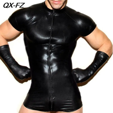 Male Exotic Sexy Faux Leather Bodysuit Front Zipper PVC Latex Teddies Catsuit Male Gay Erotic Fetish Jumpsuits Club Wear Costume