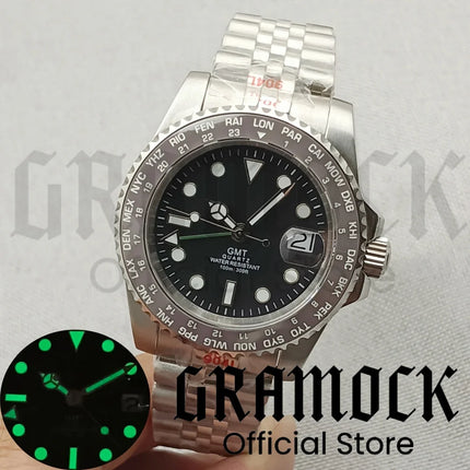 40mm GMT Men's Watch Ceramic Bezel Sapphire Glass Luminous Dial 10Bar Waterproof Sapphire Glass Stainless Steel Glideclas