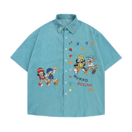 Men Streetwear Beach Shirt Fun Cartoon Embroidery Shirt Summer Hip Hop Oversized Short Sleeve Shirt Button Up Tops Hipster