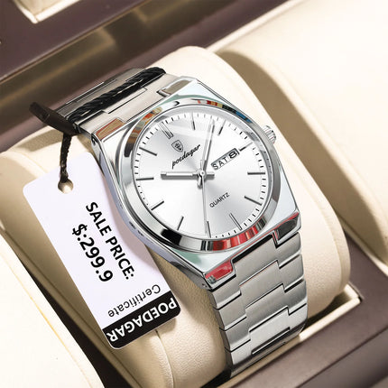POEDAGAR Luxury Watches For Men Stainless Steel Waterproof Luminous Men's Watch Date Week Fashion Casual Men's Quartz Watch Reloj