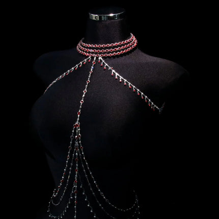 Red Tassel Gem Nipple Clamps Erotic Collar Body Chain Chest Restraint BDSM Women's Sexy Body Accessories Fetish Adult Sex Toys