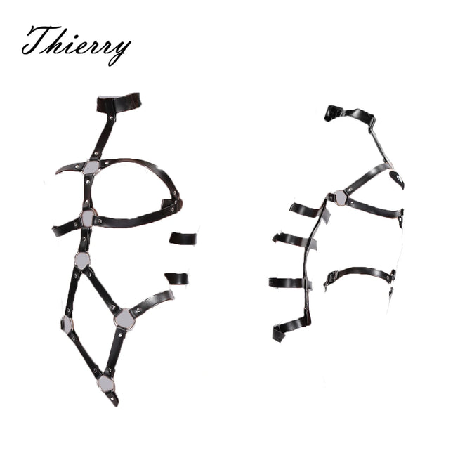 Thierry PU Leather Female Slave Body Harness Arm Cuffs Handcuffs for Adult Game, Fetish Bondage Rope Flirting Sex Toys for Women