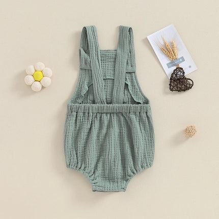 Pudcoco Baby Cotton Linen Suspender Overalls, Solid Color Sleeveless Square Neck Romper Outfit for Boys Girls 0-24M