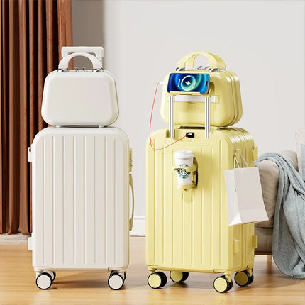 20 Inch Multifunction Large Capacity Luggage Business Carry on Boarding USB Charging Cup Holder 360° Spinner Wheels Suitcase