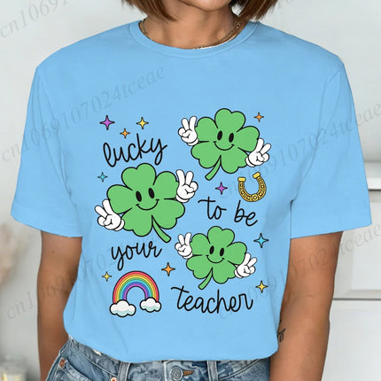 St Patrick's Day Teacher Shirt, Lucky Teacher Women's T-Shirts，Retro T-Shirts，unisex Tops Tees,short Sleeve Women's Clothing