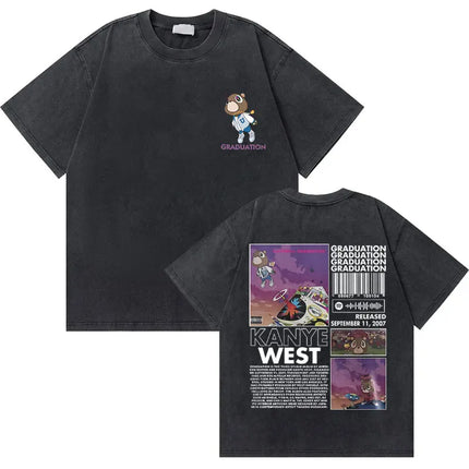 Washed Vintage Rapper Kanye West Graduation Bear Graphic T Shirt Men Pure Cotton T-shirt Men's Hip Hop Fashion Oversized Tshirt