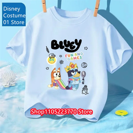 Autumn Winter Bluey Short Sleeve T-Shirt Kids Printed Top Soft Cartoon Tee Comfortable for Boys Girls