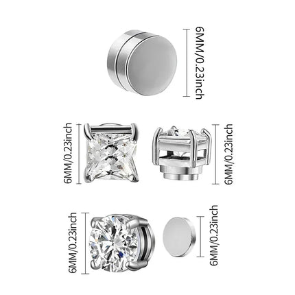 1/3Pairs 6MM Crystal Magnetic No-Pierce Stainless Steel Stud Earrings for Men Punk Zircon Magnet Earrings Non Piercing Jewelry