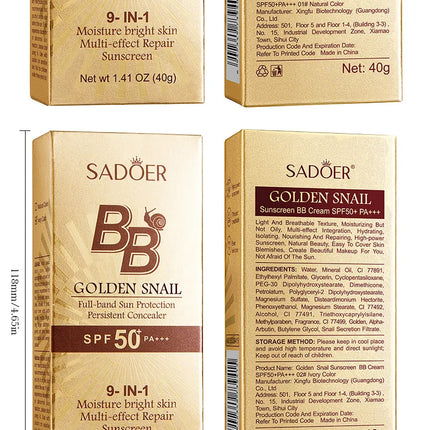 SPF50+ Gold Snail Sunscreen BB Cream Whitening Foundation Concealer Moisturizing Long Lasting Even Skin Tone Makeup Base Primer