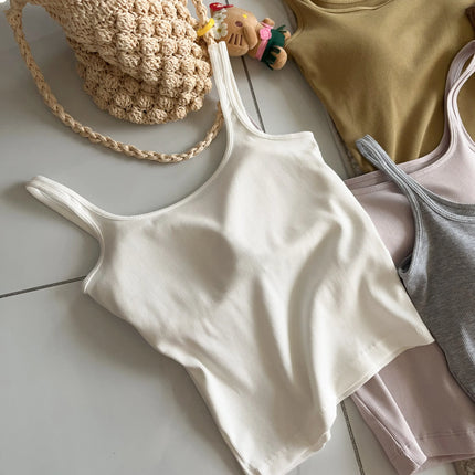 Women's Vest with Built-in Bra Pad Elastic Ribbed Square Collar Csole Tank Top ort Length  Color Versatile Summer F...