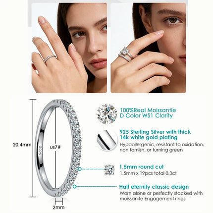 WES 2mm Full Eternity Moissanite Ring 925 Sterling Silver D Color VVS1 Stackable Wedding Band For Women Fine Jewelry