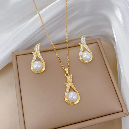 XIYANIKE316L Stainless Steell Necklace Earring Set For Women Pearl Zircon Water Droplet Design Personal Clavicle Chain Ear Studs