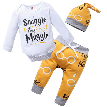 Baby Outfit 3pcs Set, Euro-American Style, Long/Short Sleeve Black Bodysuit with Gold Letters, Infant Clothing