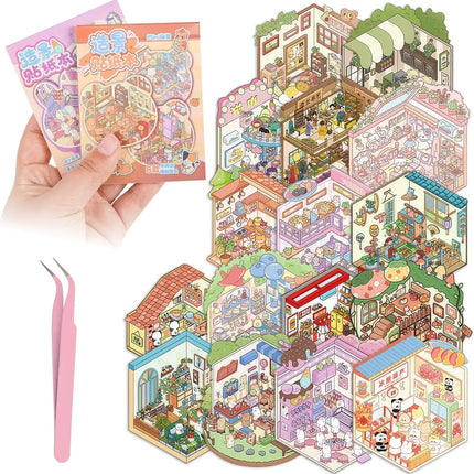 Pocket DIY 3D Sticker Scene Collection Book DIY 3D House Stickers Therapy Cute Cartoon Mini Stickers Scenes for Relief Stress