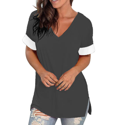 2024 Europe and the United States Spring and Summer Cross-Border New Women's Basic Solid Color V-Neck Short-Sleeve Stitching