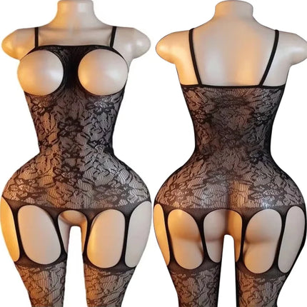 One Piece Crotchless Babydolls For Sexy Lingerie Women Long Sleeve Bodystocking Mesh Hollow Babydoll Dress Rose Erotic Underwear