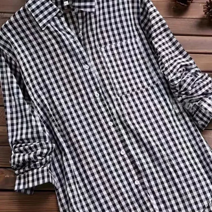 Plus Size Plaid Women's Spring Fall Cotton Linen Long Sleeves Roll Up Striped Casual V Neck Button Down Shirts Collar Tunic Tops