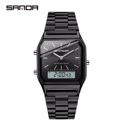 SANDA P747  Dual Display Clock Unisex Waterproof Sports Quartz Watch Luxury Mens Style Watches Stainless Steel Women LED Digital