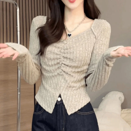 Fashionable Korean Style Solid Color Pleated Slim Fit Long Sleeve Base T-Shirt Women's Autumn New Style V-Neck Top