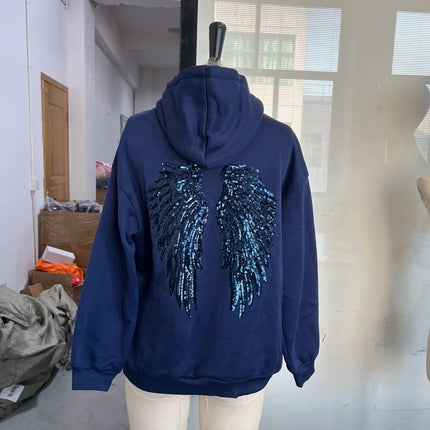 Women's Shinny Sequin Angel Wings Hooded Jacket Pant Long Sleeve Loose Casual Hooded Pullover 2025 New Lady Y2K Autumn Outwears