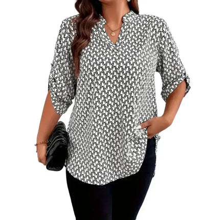 Plus Size 1XL-5XL Women's All Over Print Notch Neck Blouse Casual 3/4 Sleeve Blouse for Spring & Fall Women's Plus Size Clothing
