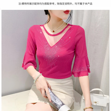 2025 Spring Summer Mesh Tops Korean Fashion Diamond T Shirt Slim 3/4 Sleeve Hollow Out Casual Women Shirt