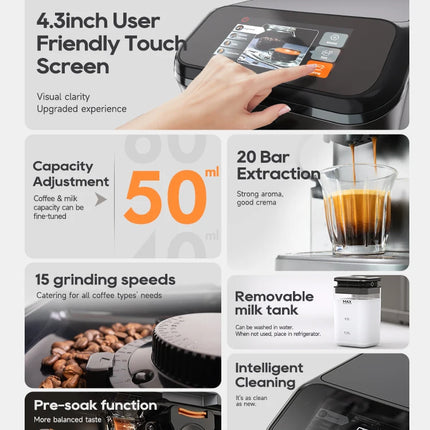 HiBREW Fully Automatic Espresso Machine Cappuccino Milk System 6 Coffee Varieties Intuitive Touch Display With Grinder H16