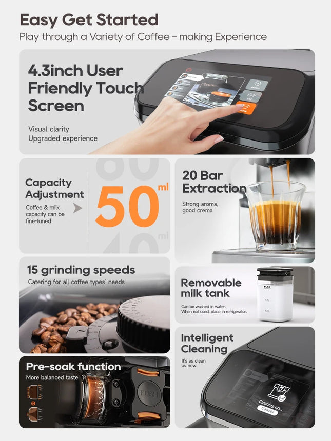HiBREW Fully Automatic Espresso Machine Cappuccino Milk System 6 Coffee Varieties Intuitive Touch Display With Grinder H16