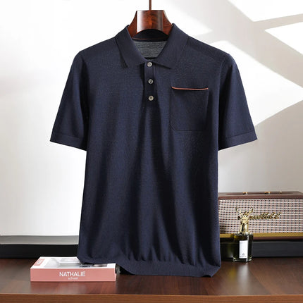 Spring and Summer New Polo Collar 100% Fine Wool Short Sleeve Men's Business Casual T-Shirt with Turn-down Collar and Pocket