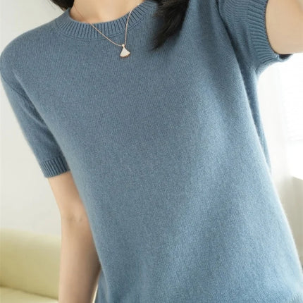 Summer New Women's Knitted Short Sleeve T-shirt Thin Wool Cashmere Short Sleeve Loose Fit Round Neck Top Outerwear Straight Cut