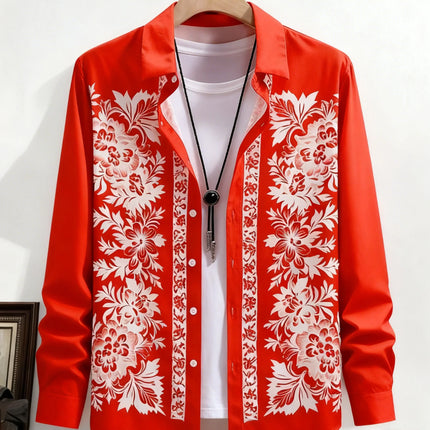 Men's New Long-sleeved Plant Vine French 3D Printed Shirt Hawaiian Beach Vacation Outdoor Party Outer Wear Xmas Shirt Dress Man