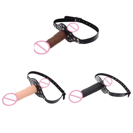 Double-Ended Dildo Deep Blowjob Sex Toy Gag Open Mouth Plug Leather Harness Lesbian Strapon Penis Butt Plug BDSM Erotic Bondage