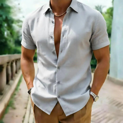 High quality comfortable linen men's short sleeved shirt, fashionable trend, street outdoor, lightweight and casual
