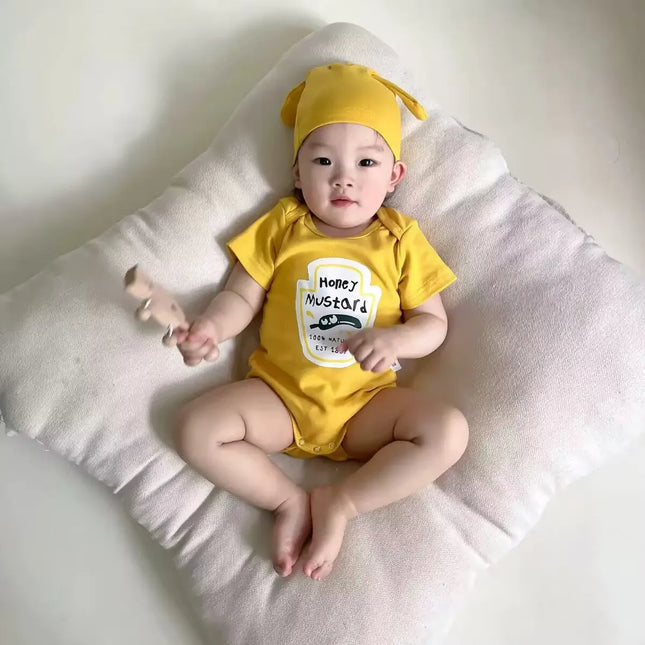 Infant Newborn Romper Sauce Onesie with Hat Baby Bodysuit Cosplay Baby Twins Red Tomato Ketchup and Yellow Mustard Costume 0-2T