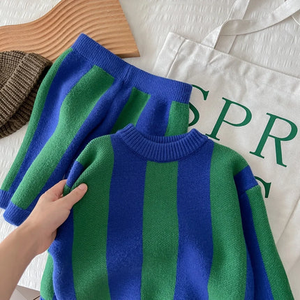 Korean Children's Sweater 2024 Spring New Boys and Girls Foreign Style Striped Knitted Sweater Set Brother and Sister Clothing