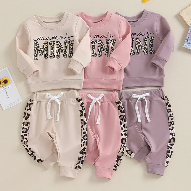 2 Pcs Toddler Baby Girl Spring Fall Clothes Letter/Leopard Print Long Sleeve Pullover Tops Pocket Pants Casual Outfit
