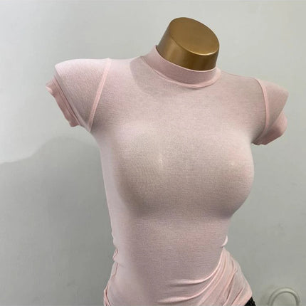 Korean Transparent Short-Sleeved Slim-Fit Elastic Solid Color Bottoming T-shirt with Half-High Collar - Sexy Big Chest T-shirt