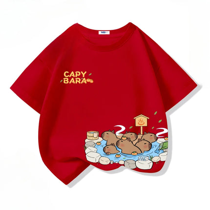 Cartoon Capybara Print Cotton Cool Children's T-shirt Short Sleeve Summer 100% Cotton New Fashion Boys Girls Tee Top Kid Clothes