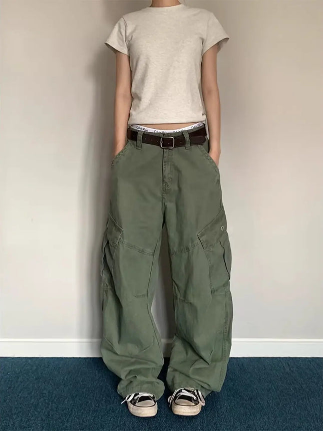 Retro American Multi-Pocket Pleated Work Pants Men's Loose Straight Leg Slimming Wide Leg Long Trousers for Men And Women