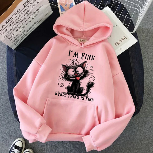 Women's Vintage Y2k Sweatshirts Casual Hooded Clothes Kawaii Pullovers I'm Fine Everything Is Fine Sarcastic Cat Printed Hoodies