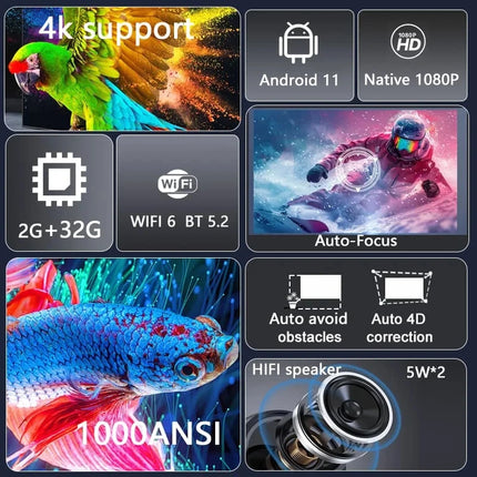 DITONG Projector 4K Android with Dual WiFi 6 and Bluetooth Auto Keystone Auto Focus Home Theatre HD Native 1080P Outdoor Movie